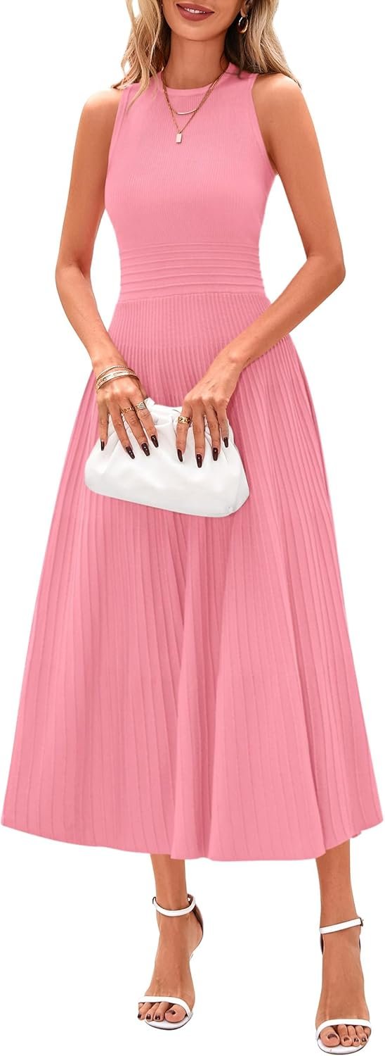 Spring Casual Dresses for Women 2025 Summer Business Work Midi Sleeveless A Line Pleated Cocktail Dress