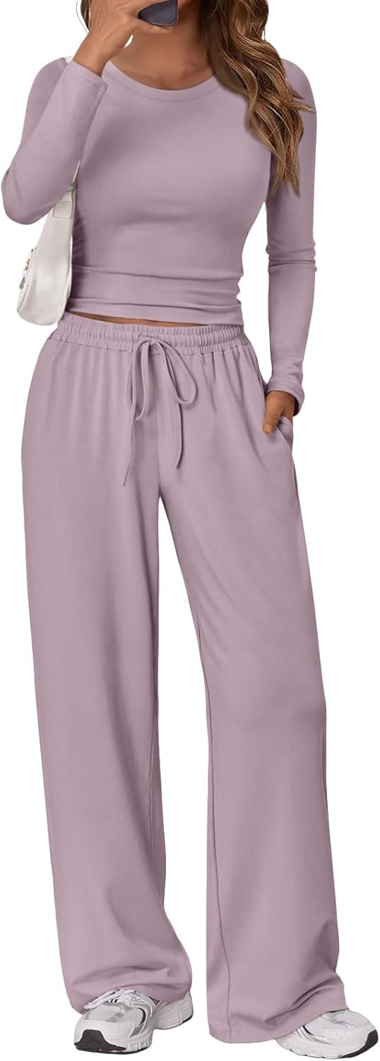 Women's 2 Piece Matching Lounge Set Long Sleeve Slightly Crop Top Wide Leg Pants Casual Sweatsuit