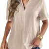 Women Linen Button Down Shirt Rolled Cuffed Short Sleeve Blouse Ladies Summer Casual V Neck Beach Cotton Tops