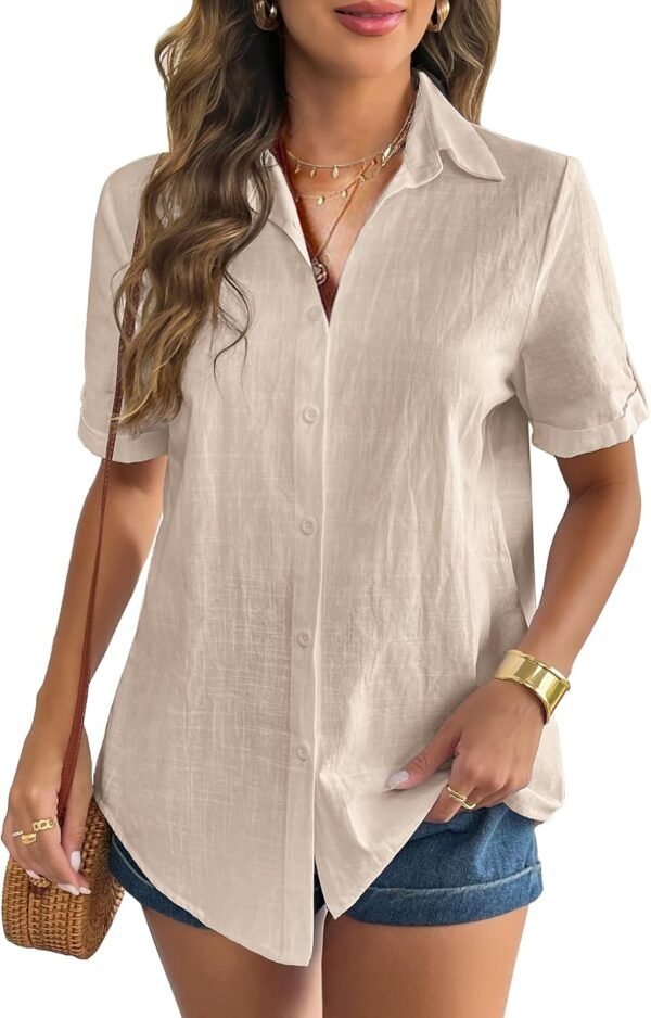 Women Linen Button Down Shirt Rolled Cuffed Short Sleeve Blouse Ladies Summer Casual V Neck Beach Cotton Tops
