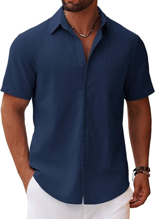 Men's Button Down Short Sleeve Shirt Casual Cotton Summer Beach Linen Wedding Shirts with Pocket