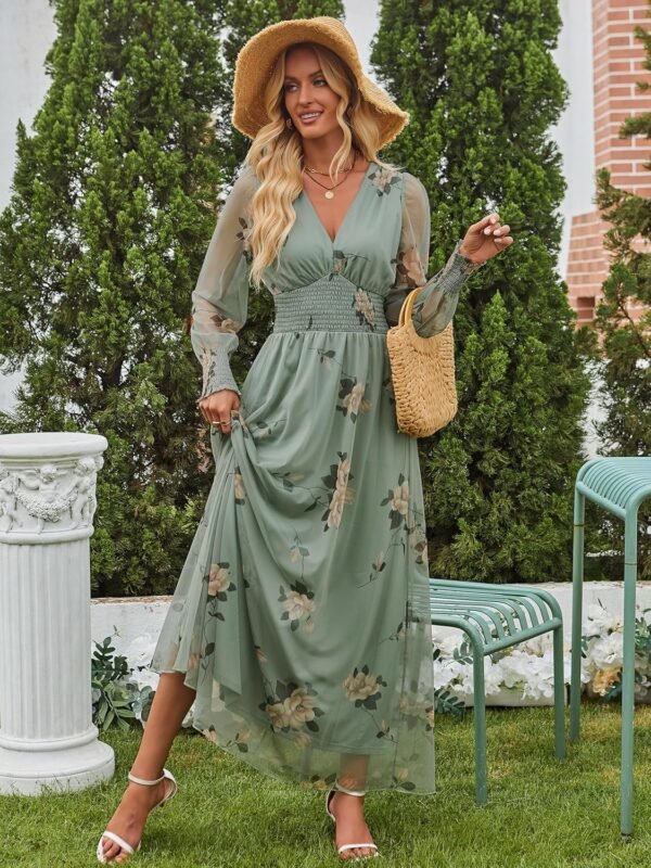 Women's Floral Maxi Dress 2025 Fall V Neck Puff Long Sleeve Flowy Casual Wedding Guest Tee Party Tulle Dresses