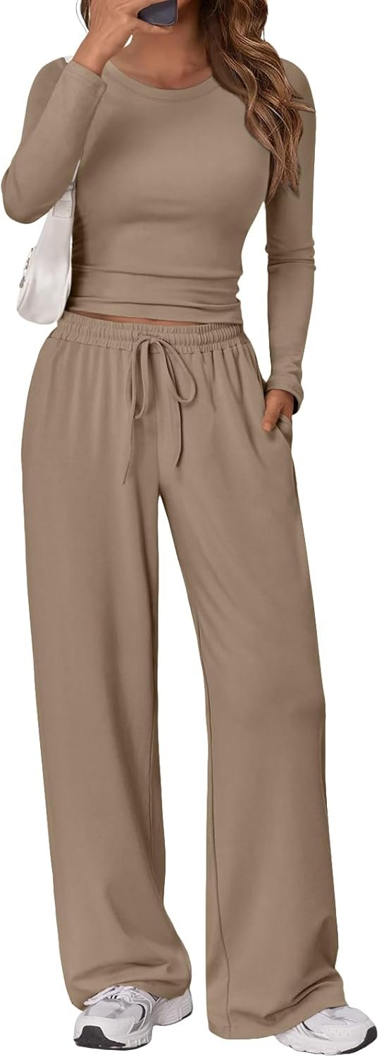Women's 2 Piece Matching Lounge Set Long Sleeve Slightly Crop Top Wide Leg Pants Casual Sweatsuit