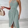 Womens Summer Halter Dress Hollow Out A Line Vacation Dresses with Eyelet Embroidery & Side Slit