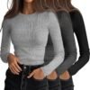 3 Pack Women's Ribbed Long Sleeve Tops. Crew Neck Slim Fit Undershirts Knit Basic Casual Stretch Layering Tee Shirts