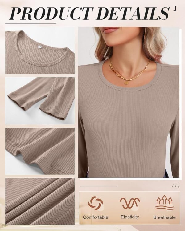 3 Pack Women's Ribbed Long Sleeve Tops. Crew Neck Slim Fit Undershirts Knit Basic Casual Stretch Layering Tee Shirts