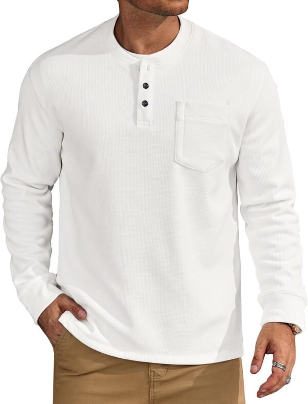 Mens Waffle Fleece-Lined Henley Shirts Heavyweight Thermal Long Sleeve Casual Solid Pullover (S-XXL)
