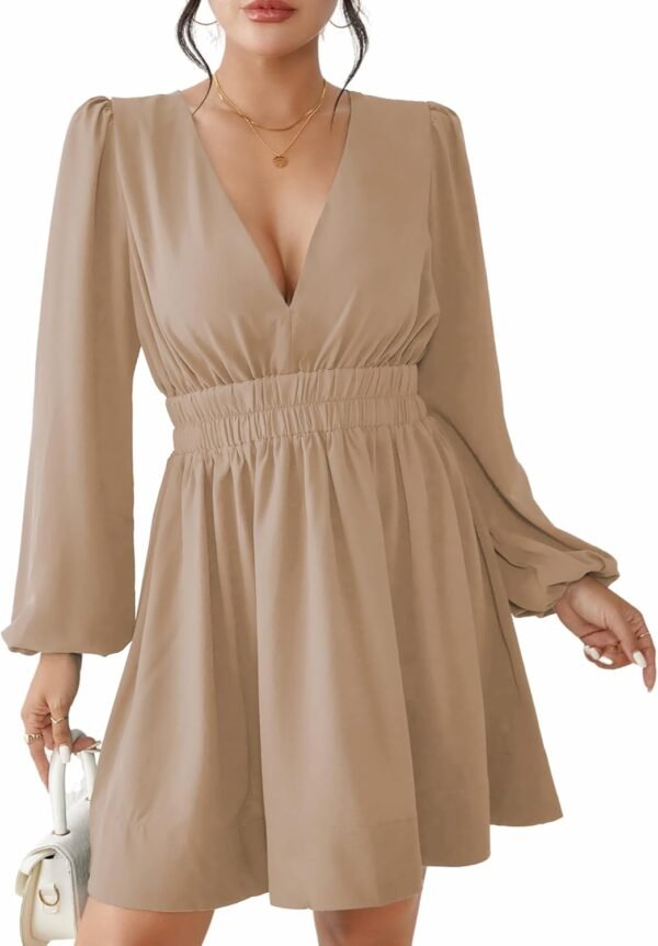 Mini Deep V Sexy Long Sleeve Dress for Women A-line High Waisted Casual Flowy Dress for Cocktail Wedding Guest