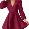 Mini Deep V Sexy Long Sleeve Dress for Women A-line High Waisted Casual Flowy Dress for Cocktail Wedding Guest