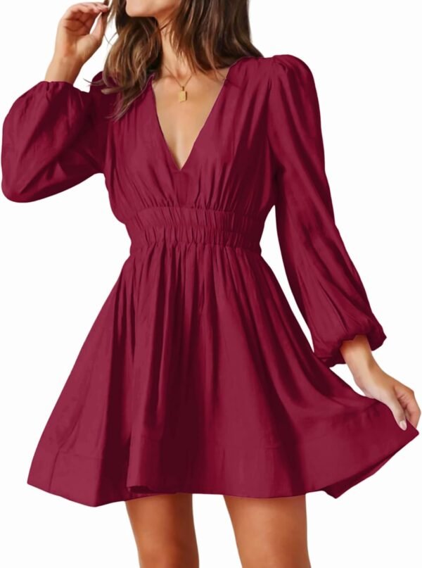 Mini Deep V Sexy Long Sleeve Dress for Women A-line High Waisted Casual Flowy Dress for Cocktail Wedding Guest
