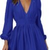 Mini Deep V Sexy Long Sleeve Dress for Women A-line High Waisted Casual Flowy Dress for Cocktail Wedding Guest