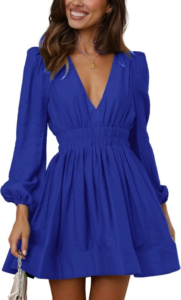 Mini Deep V Sexy Long Sleeve Dress for Women A-line High Waisted Casual Flowy Dress for Cocktail Wedding Guest