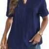 Women Linen Button Down Shirt Rolled Cuffed Short Sleeve Blouse Ladies Summer Casual V Neck Beach Cotton Tops