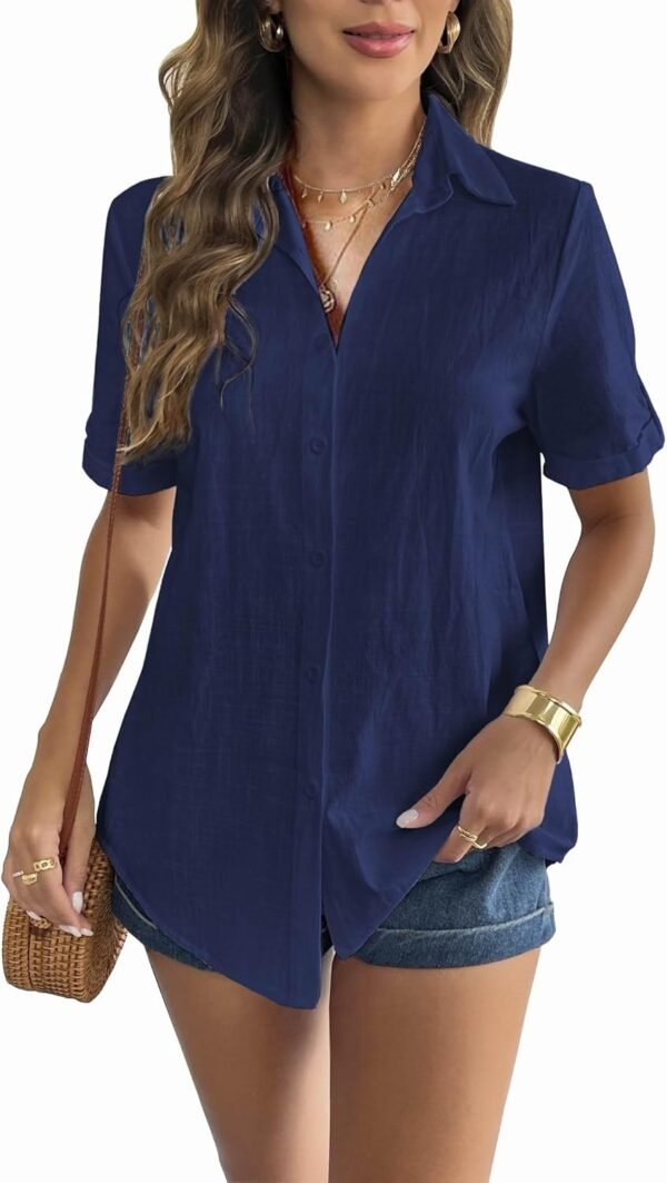 Women Linen Button Down Shirt Rolled Cuffed Short Sleeve Blouse Ladies Summer Casual V Neck Beach Cotton Tops