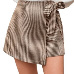 d7209b0c32684bad91ffe807d8a04733 Women's Houndstooth Print Tie Front Skorts Asymmetrical Hem High Waist Skirt Shorts