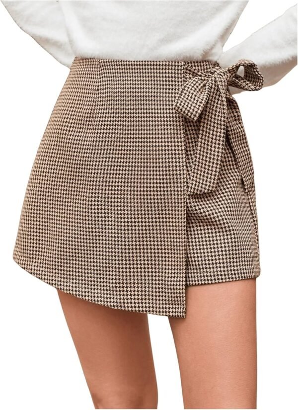 Women's Houndstooth Print Tie Front Skorts Asymmetrical Hem High Waist Skirt Shorts
