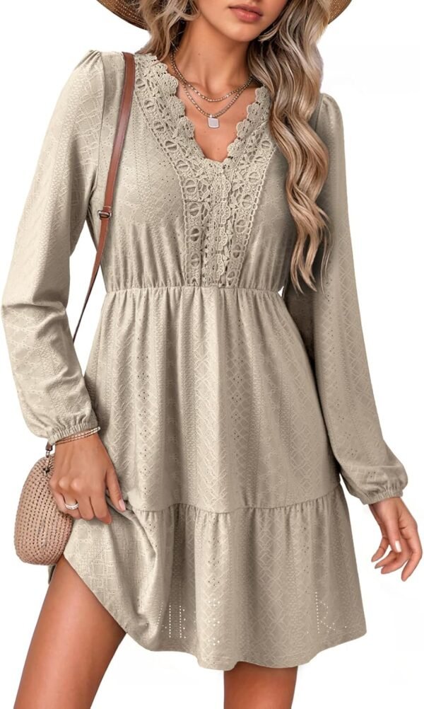 Fall Dresses for Women 2025 Elegant Lace Hollow Out Embroidered V Neck Long Sleeve Casual A-Line Swing Mini Dress