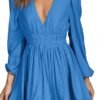 Mini Deep V Sexy Long Sleeve Dress for Women A-line High Waisted Casual Flowy Dress for Cocktail Wedding Guest