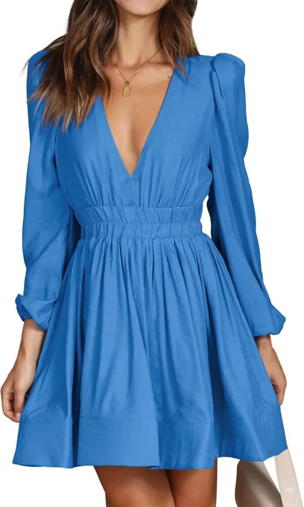 Mini Deep V Sexy Long Sleeve Dress for Women A-line High Waisted Casual Flowy Dress for Cocktail Wedding Guest
