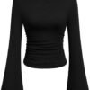 Women's Long Sleeve Shirts 2025 Fall Crop Going Out Tops Casual Boat Neck Bell Sleeve Ribbed Ruched Y2K Clothes