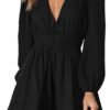 Mini Deep V Sexy Long Sleeve Dress for Women A-line High Waisted Casual Flowy Dress for Cocktail Wedding Guest