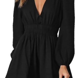 Mini Deep V Sexy Long Sleeve Dress for Women A-line High Waisted Casual Flowy Dress for Cocktail Wedding Guest