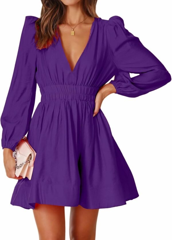 Mini Deep V Sexy Long Sleeve Dress for Women A-line High Waisted Casual Flowy Dress for Cocktail Wedding Guest
