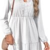 Fall Dresses for Women 2025 Elegant Lace Hollow Out Embroidered V Neck Long Sleeve Casual A-Line Swing Mini Dress