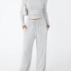 Women's 2 Piece Matching Lounge Set Long Sleeve Slightly Crop Top Wide Leg Pants Casual Sweatsuit