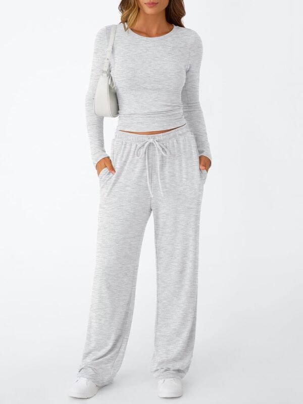 Women's 2 Piece Matching Lounge Set Long Sleeve Slightly Crop Top Wide Leg Pants Casual Sweatsuit