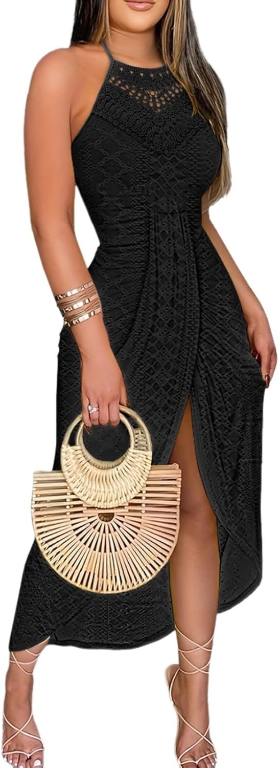 Womens Summer Halter Dress Hollow Out A Line Vacation Dresses with Eyelet Embroidery & Side Slit