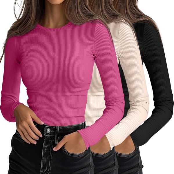 3 Pack Women's Ribbed Long Sleeve Tops. Crew Neck Slim Fit Undershirts Knit Basic Casual Stretch Layering Tee Shirts