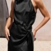 e812ffb8fbdc48d9b91e002f804aa692 Women's Short Formal Satin Dress Summer Sleeveless Mock Neck Tie Waist Cocktail Party Dresses
