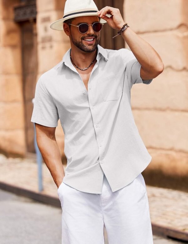 Men's Button Down Short Sleeve Shirt Casual Cotton Summer Beach Linen Wedding Shirts with Pocket