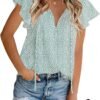 Women's Casual Floral Print V Neck Ruffle Short Sleeve Summer Shirts Tops Loose Blouses