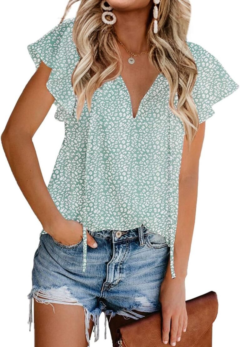 Women’s Casual Floral Print V Neck Ruffle Short Sleeve Summer Shirts ...