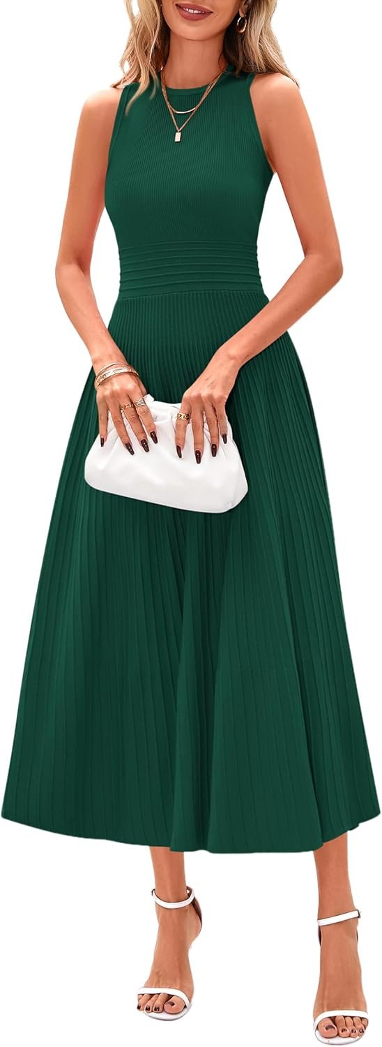 Spring Casual Dresses for Women 2025 Summer Business Work Midi Sleeveless A Line Pleated Cocktail Dress
