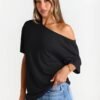 Womens Off The Shoulder Tops Oversized T-Shirts Short Sleeve Tees Summer 2025 Casual Spring Fashion Clothes