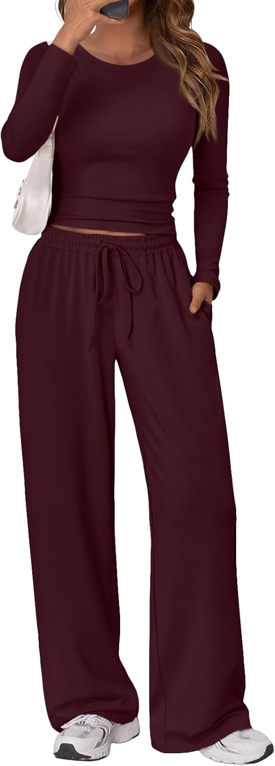 Women's 2 Piece Matching Lounge Set Long Sleeve Slightly Crop Top Wide Leg Pants Casual Sweatsuit