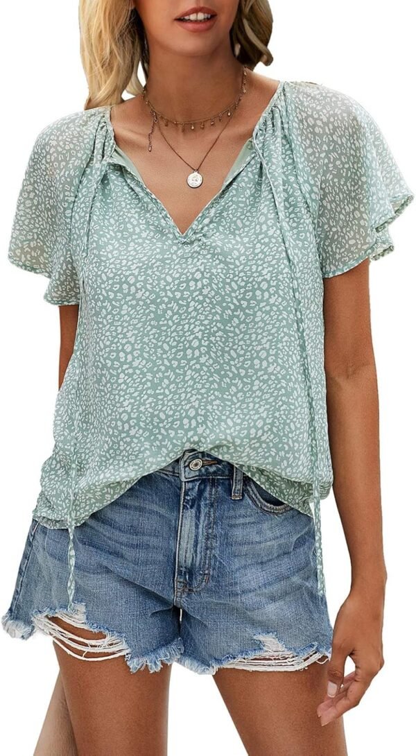 Women's Casual Floral Print V Neck Ruffle Short Sleeve Summer Shirts Tops Loose Blouses