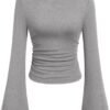Women's Long Sleeve Shirts 2025 Fall Crop Going Out Tops Casual Boat Neck Bell Sleeve Ribbed Ruched Y2K Clothes