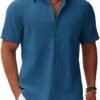 Men's Button Down Short Sleeve Shirt Casual Cotton Summer Beach Linen Wedding Shirts with Pocket