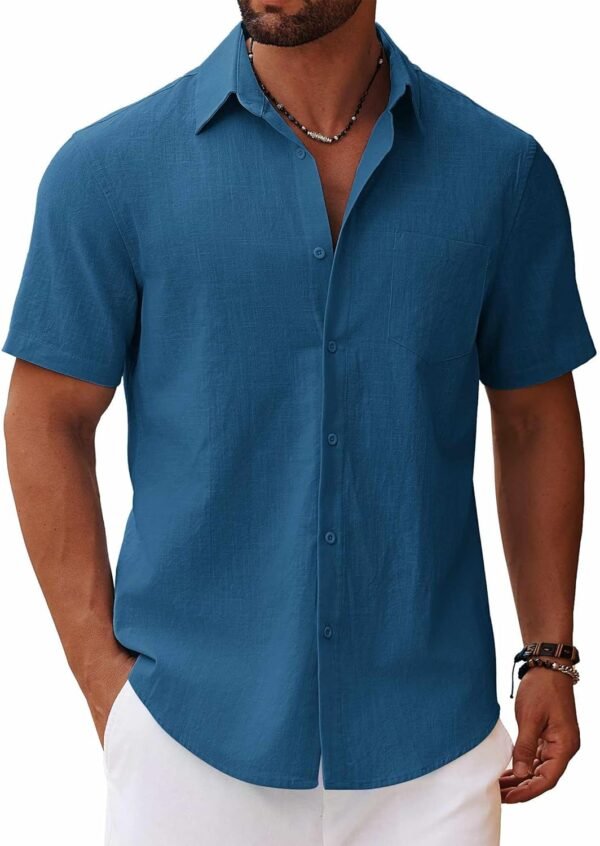 Men's Button Down Short Sleeve Shirt Casual Cotton Summer Beach Linen Wedding Shirts with Pocket