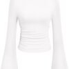 Women's Long Sleeve Shirts 2025 Fall Crop Going Out Tops Casual Boat Neck Bell Sleeve Ribbed Ruched Y2K Clothes