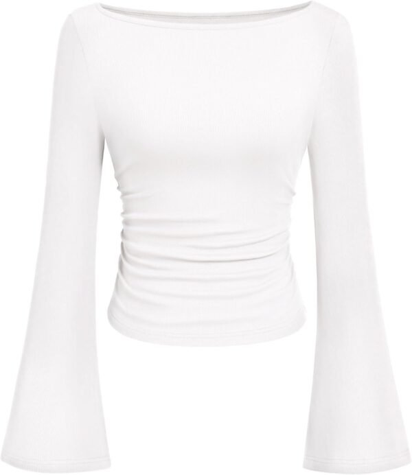 Women's Long Sleeve Shirts 2025 Fall Crop Going Out Tops Casual Boat Neck Bell Sleeve Ribbed Ruched Y2K Clothes